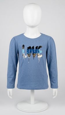 Girl's Denim Blue "LOVE" Sequins Long Sleeve Top 750818