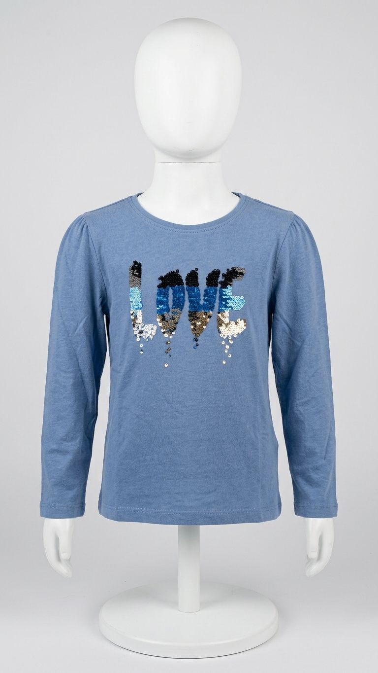 Girl's Denim Blue "LOVE" Sequins Long Sleeve Top 750818, Size: 3Y