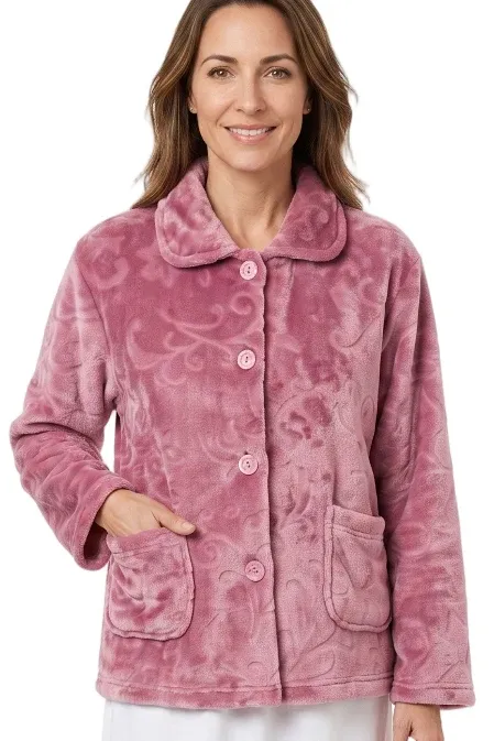 Cosy Clipped Pink Fleece Button Front Bedjacket MA50012, Size: S