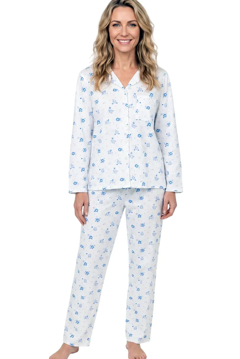 Louella Blue Print Soft Cotton Jersey Revere Collar Pyjama, Size: 8/10, Style: MA50002