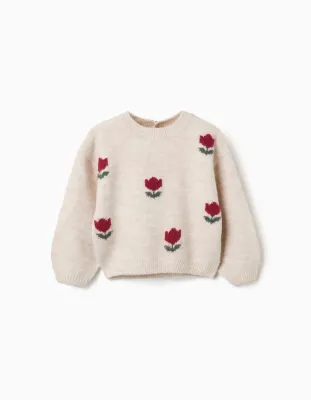Baby Girls Light Beige with Flowers Knitted Jumper