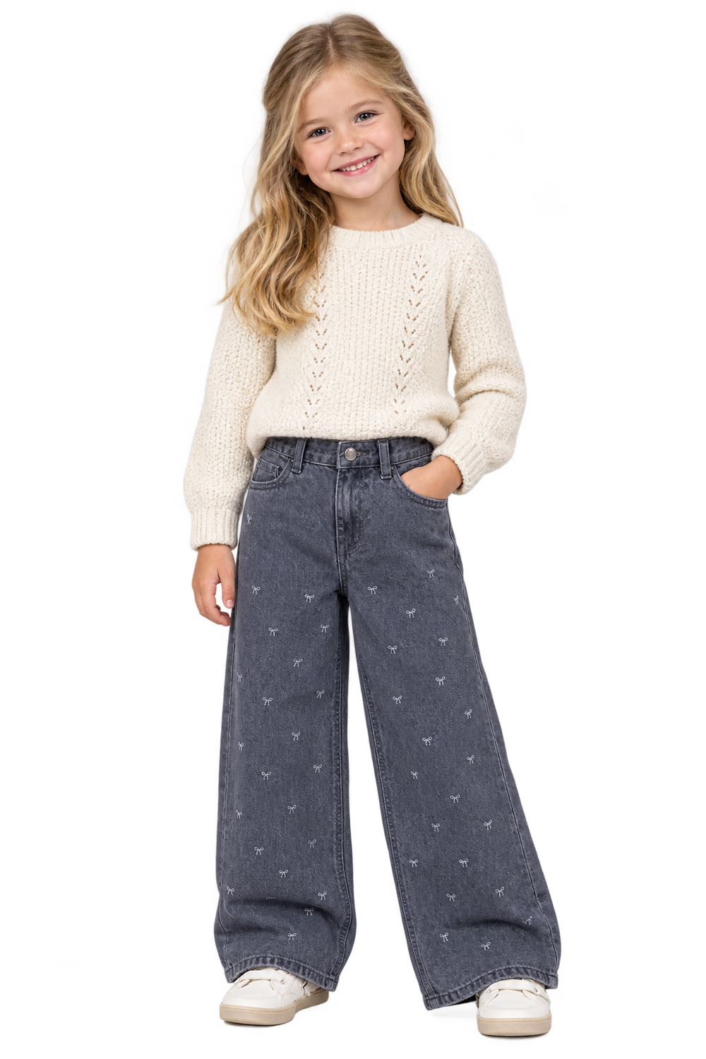 Girls Light Grey Denim Glitter Wide Leg  Jeans, Size: 3/4Y, Style: 3108178201