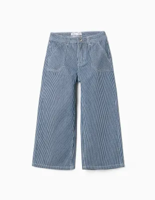 Girls Blue/White Stripe Wide Leg Jeans