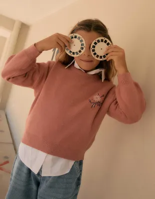Girls Pink Knitted Jumper with Embroidered Flowers