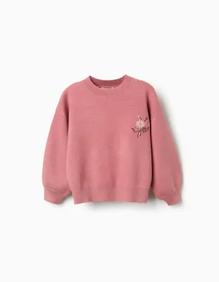 Girls Pink Knitted Jumper with Embroidered Flowers