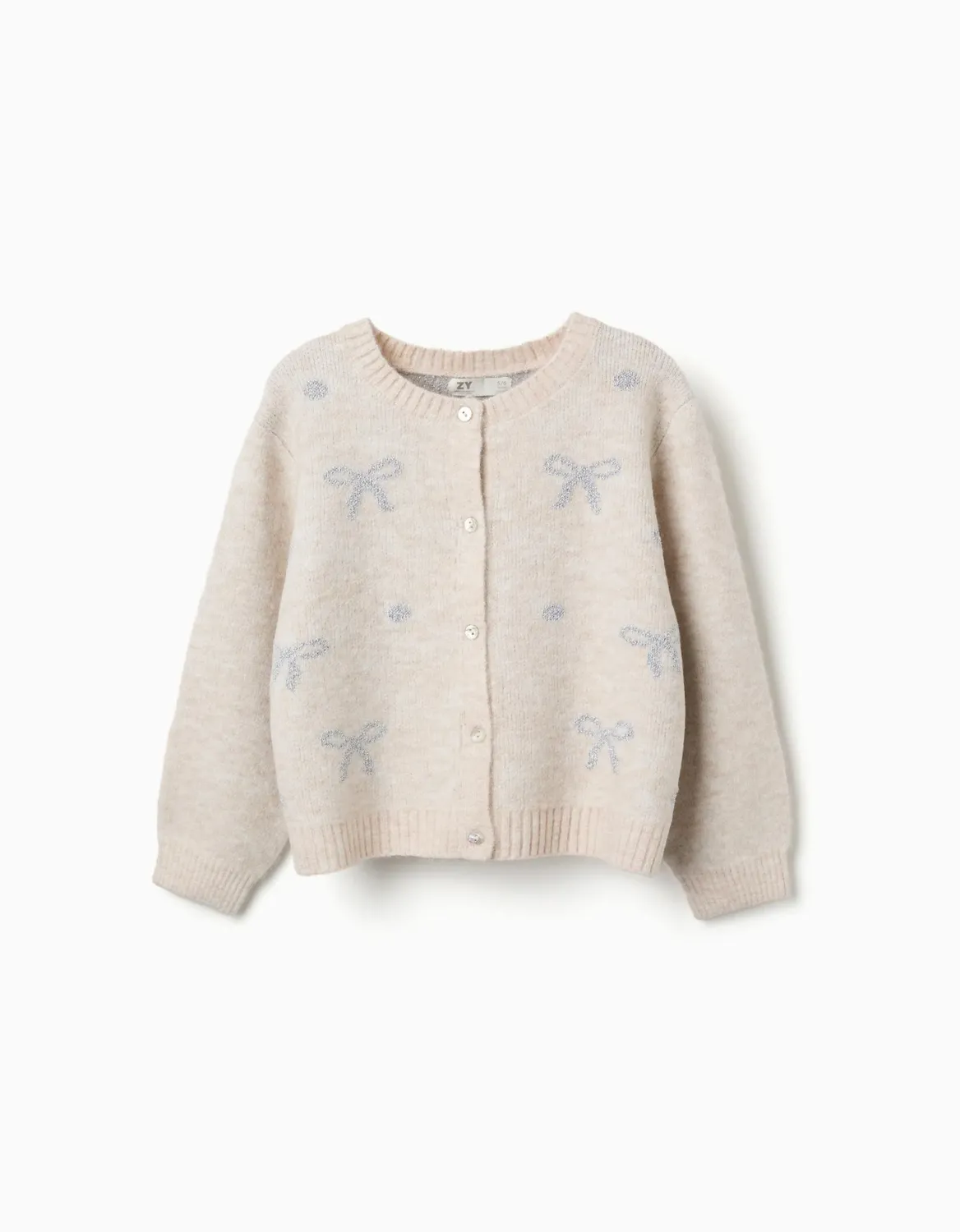 Girls Light Beige Knitted Cardigan with Jacquard Bows &amp; Dots, Size: 3/4Y, Style: 31081767021