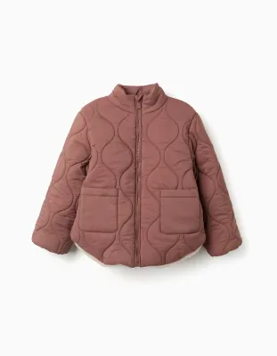 Girls Latte Quilted Jacket with Plush Lining