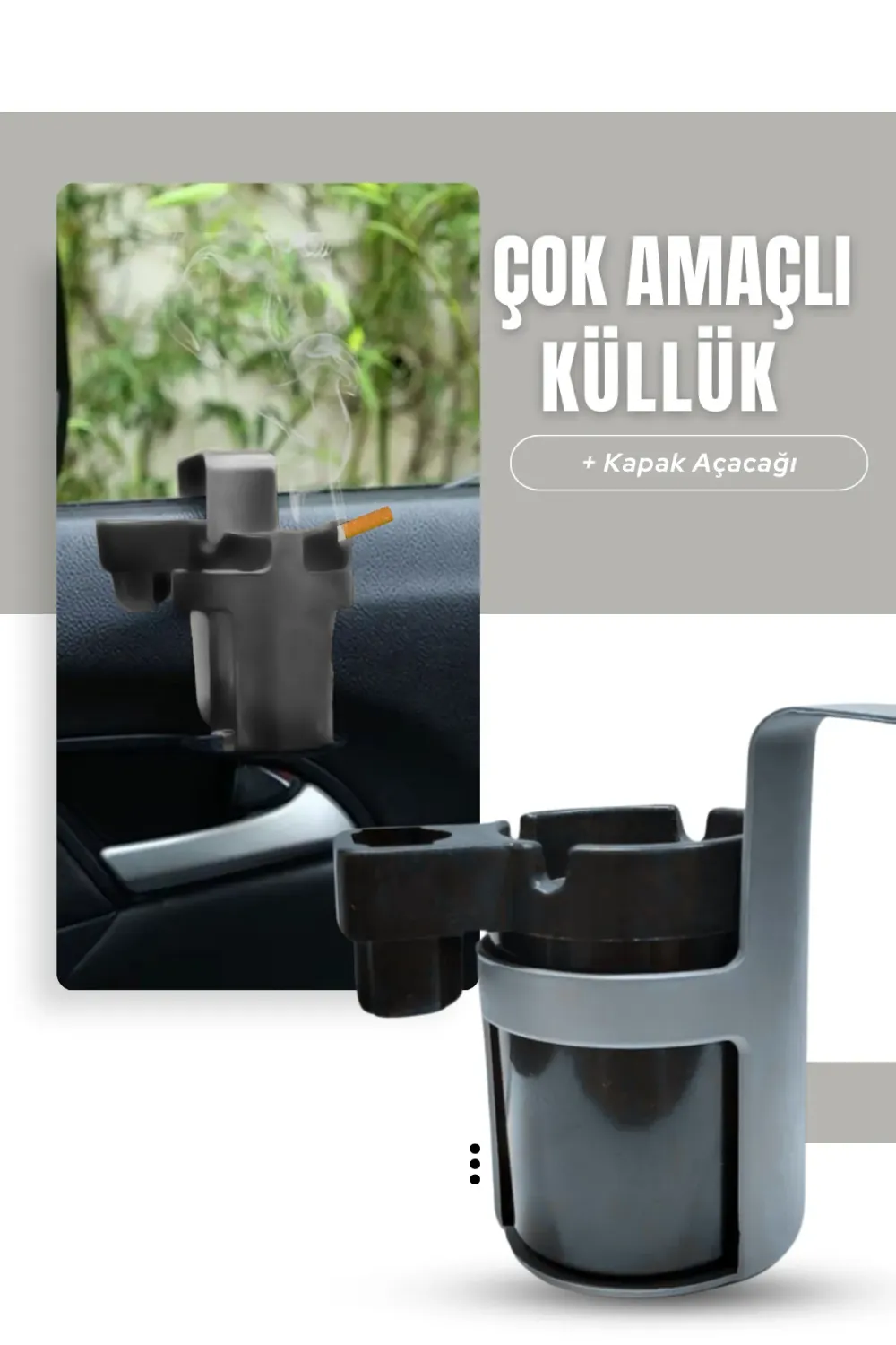 Gri Araç içi Askılıklı Çakmaklık Bölmeli Soda Aaçacaklı Poşet Askılı Küllük