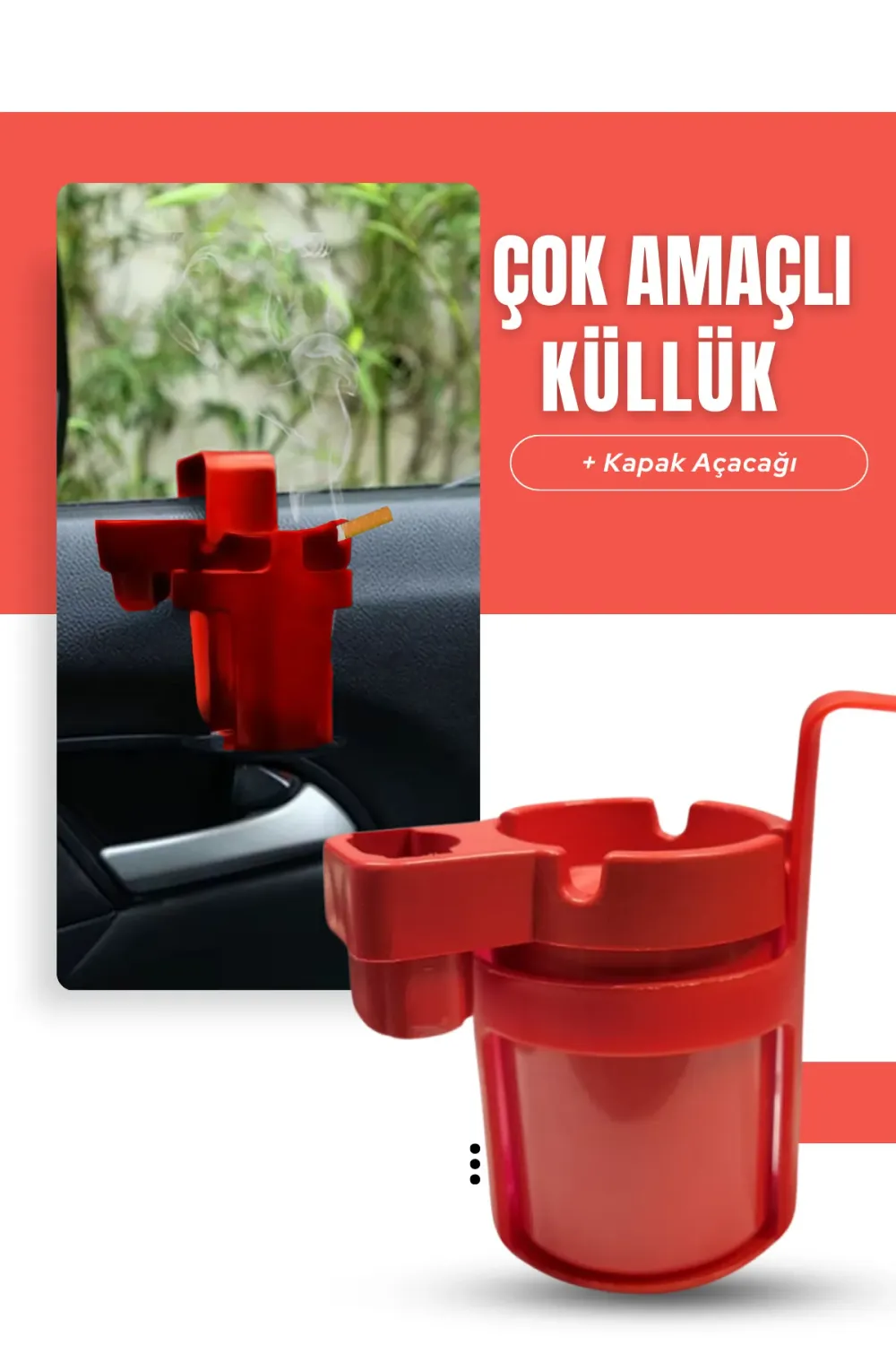 Kırmızı Araç içi Askılıklı Çakmaklık Bölmeli Soda Açacaklı Poşet Askılı Küllük