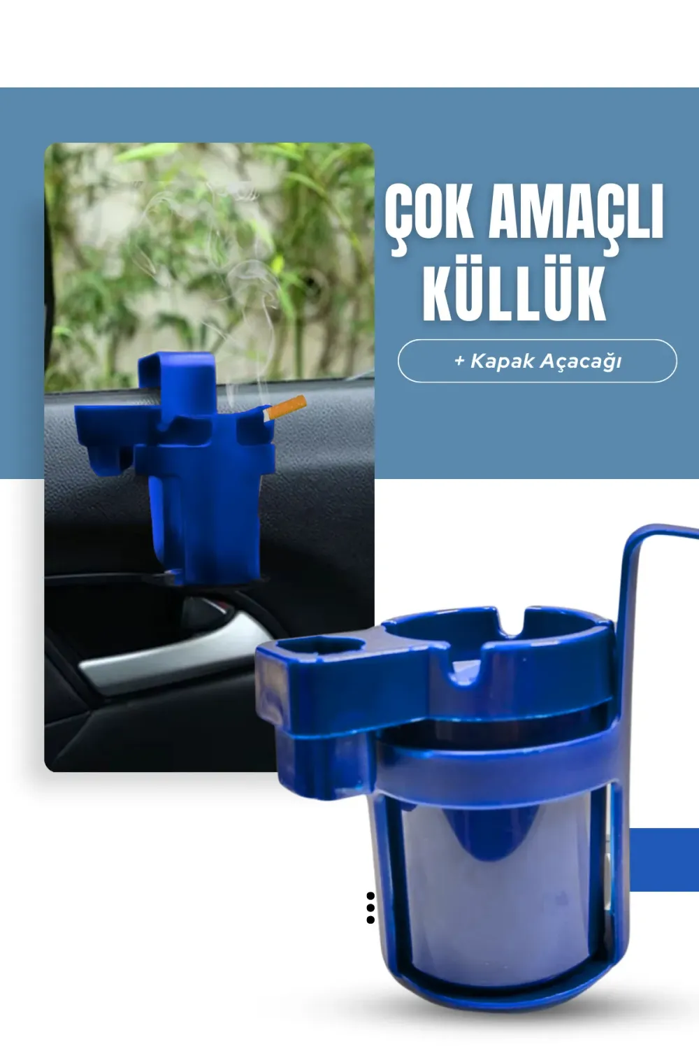 Mavi Araç içi Askılıklı Çakmaklık Bölmeli Soda Açacaklı Poşet Askılı Küllük