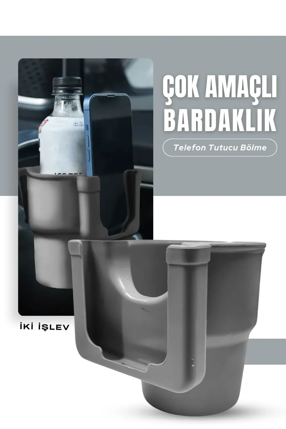 Araç içi Telefon Tutucu Bölmeli Geniş Hazneli Bardaklık Klipsli Gri