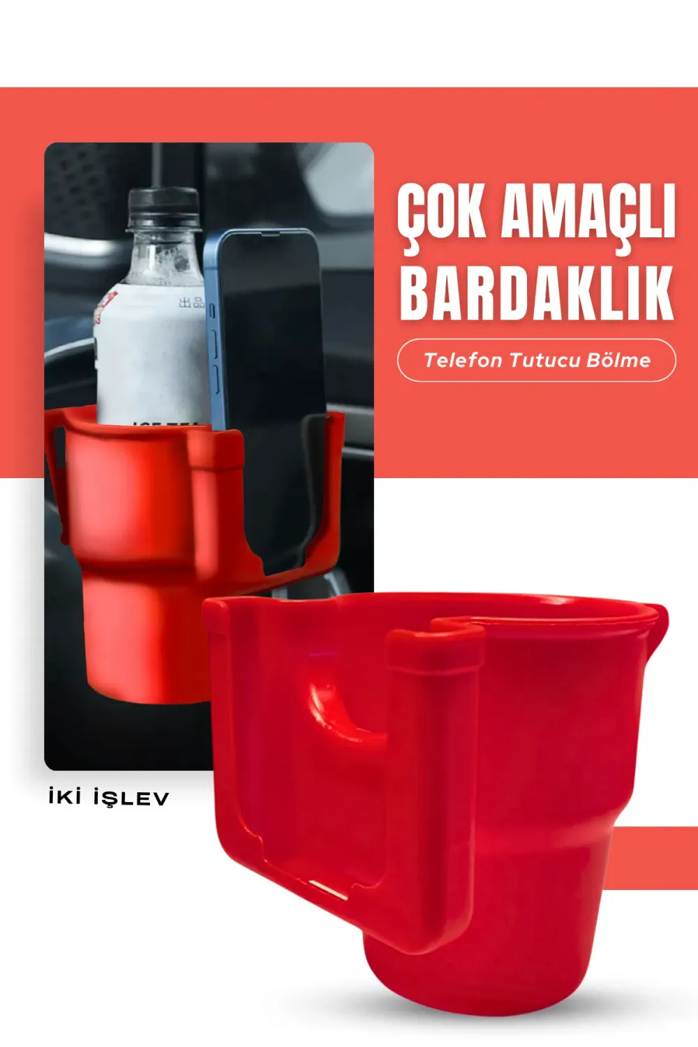 Araç içi Telefon Tutucu Bölmeli Geniş Hazneli Bardaklık Klipsli Kırmızı