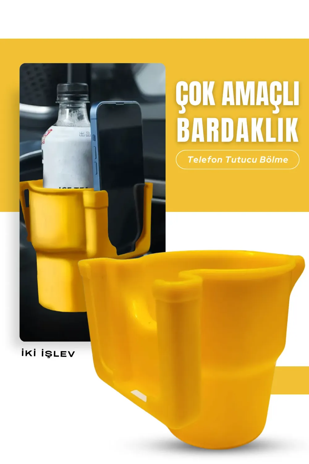 Araç içi Telefon Tutucu Bölmeli Geniş Hazneli Bardaklık Klipsli Sarı