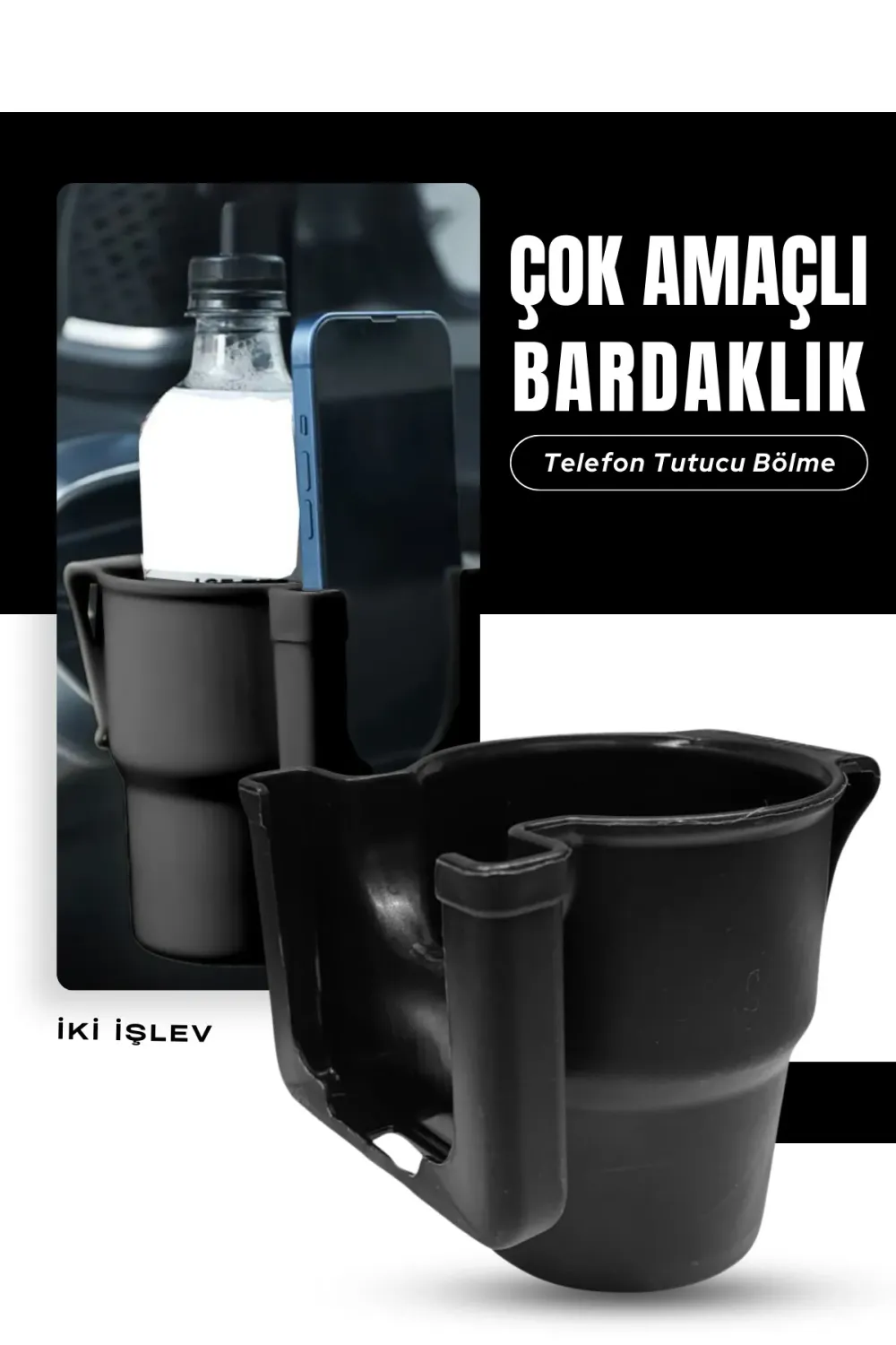 Araç içi Telefon Tutucu Bölmeli Geniş Hazneli Bardaklık Klipsli Siyah