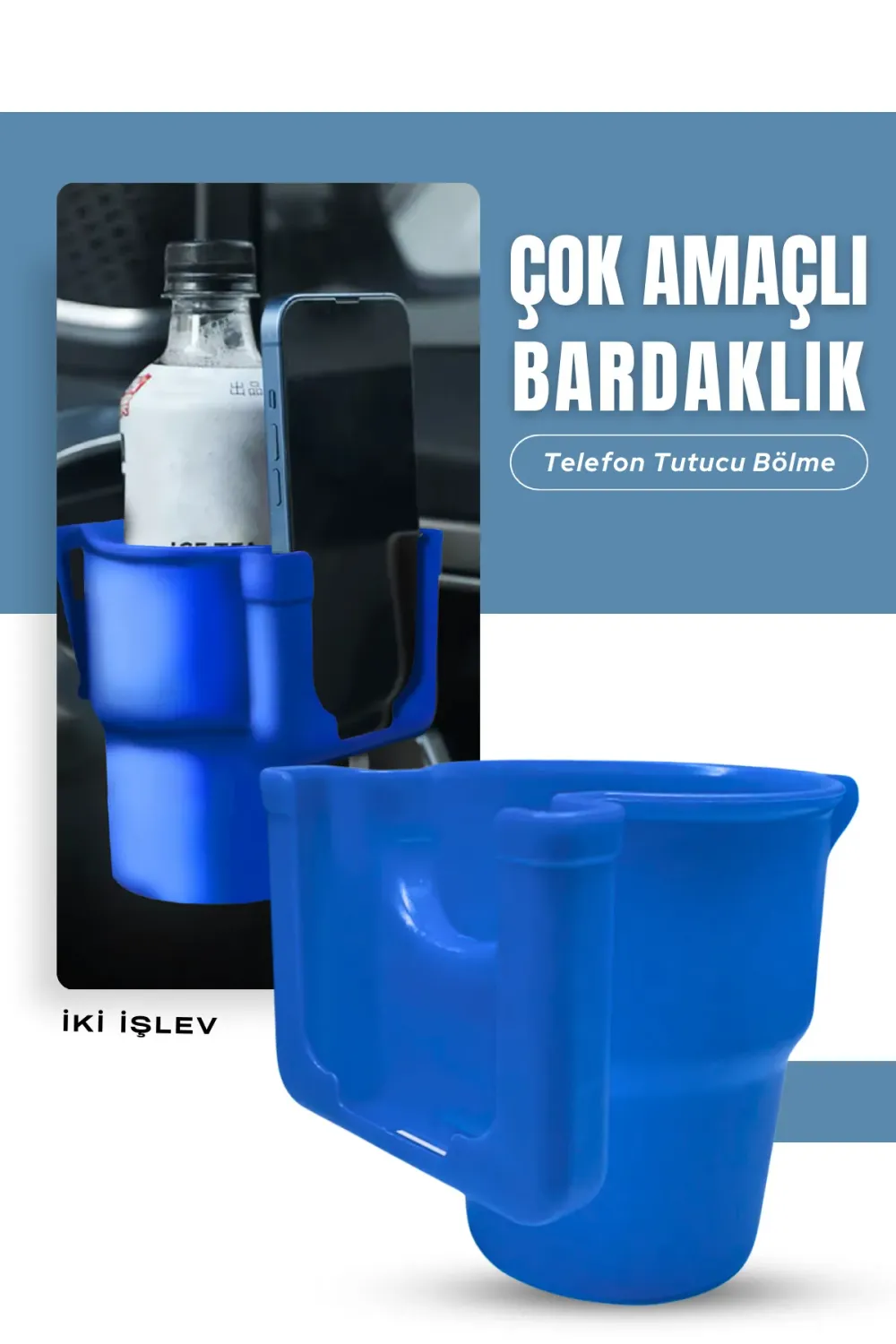 Araç içi Telefon Tutucu Bölmeli Geniş Hazneli Bardaklık Klipsli Mavi