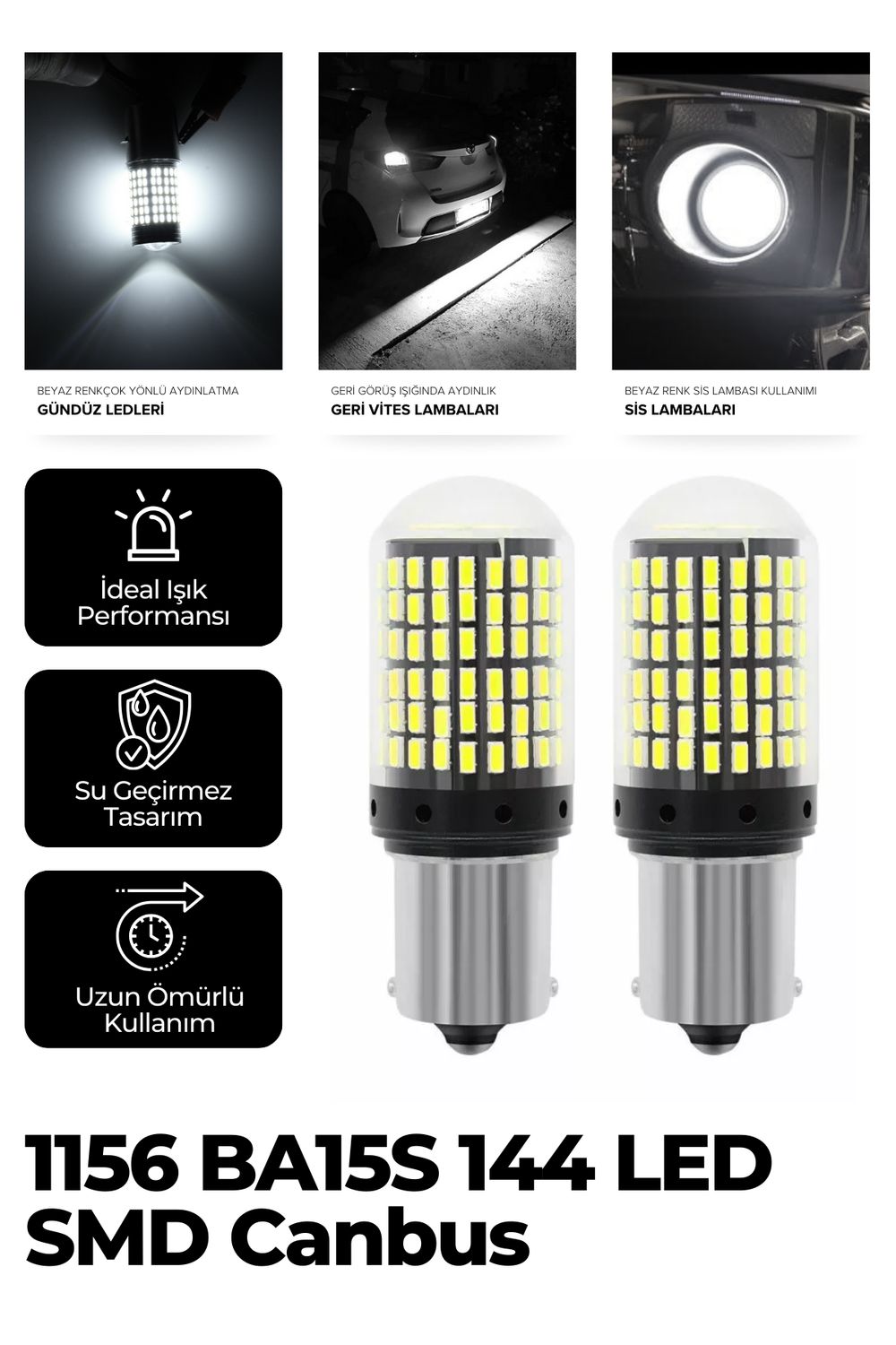 P21w SMD 1156 144 Ledli Ultra Parlak Geri Vites Park Ampül Tek Duy Beyaz 2 Adet