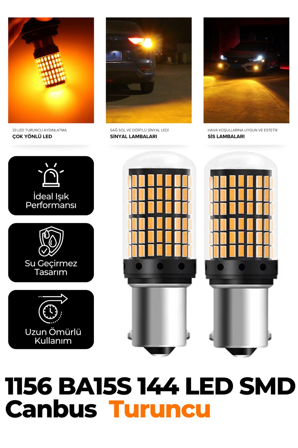 P21w SMD 1156 144 Ledli Geri Vites Park Ampül Tek Duy Turuncu 2 Adet