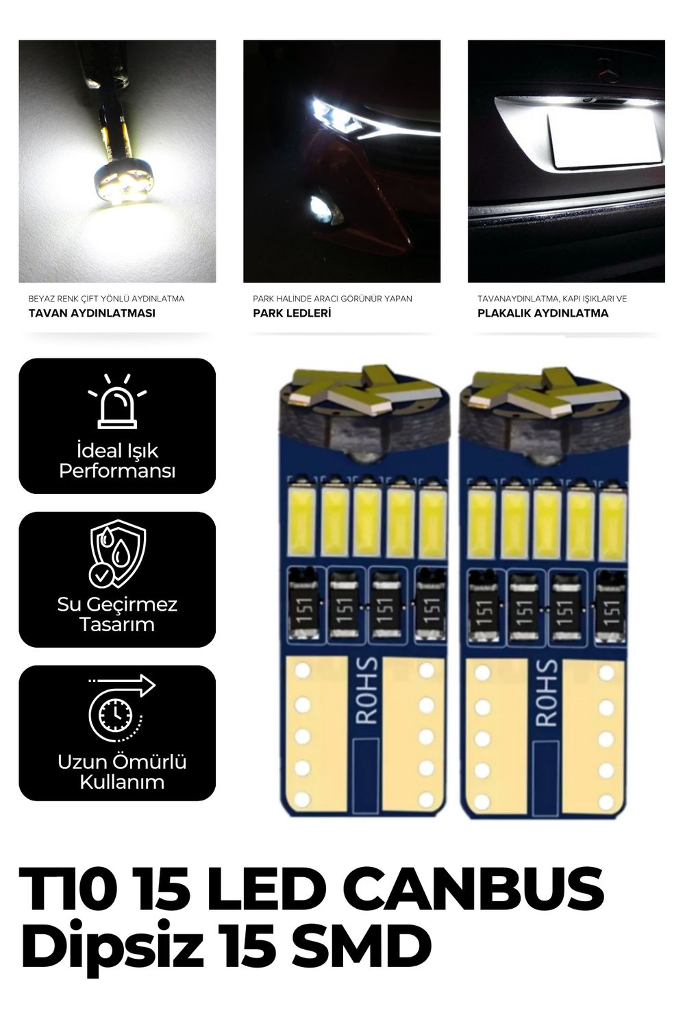 T10 Led Ampul Park Led 12v 5w Canbus Dipsiz 15 Ledli 2 Adet