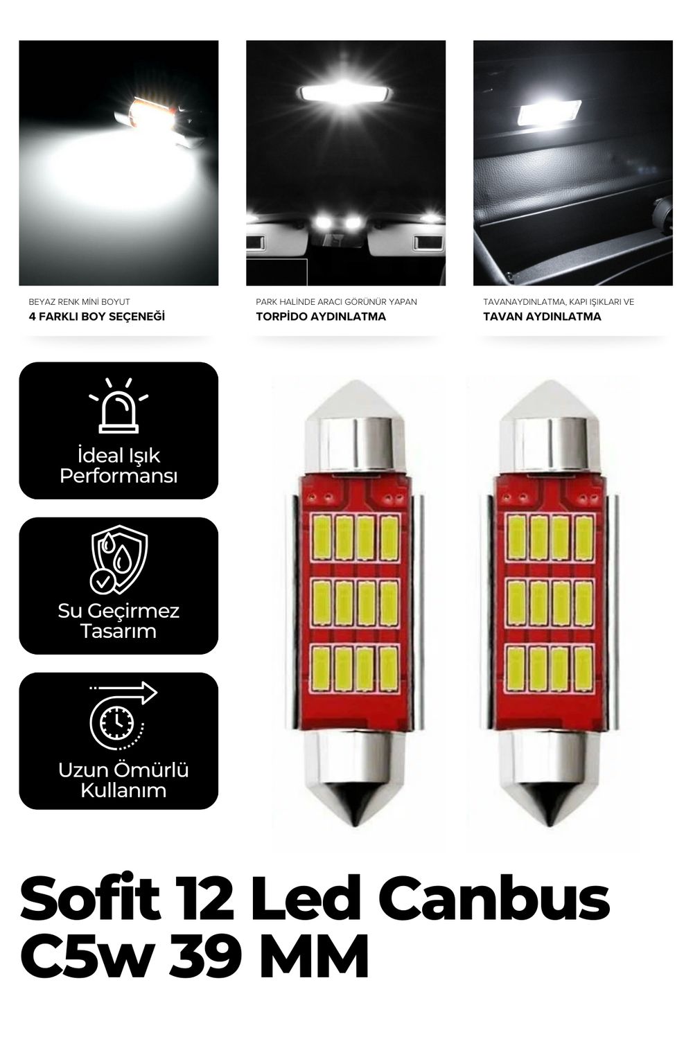 Sofit 12 Led Canbus C5w Tavan Plaka Ampulü 2 Adet 39mm