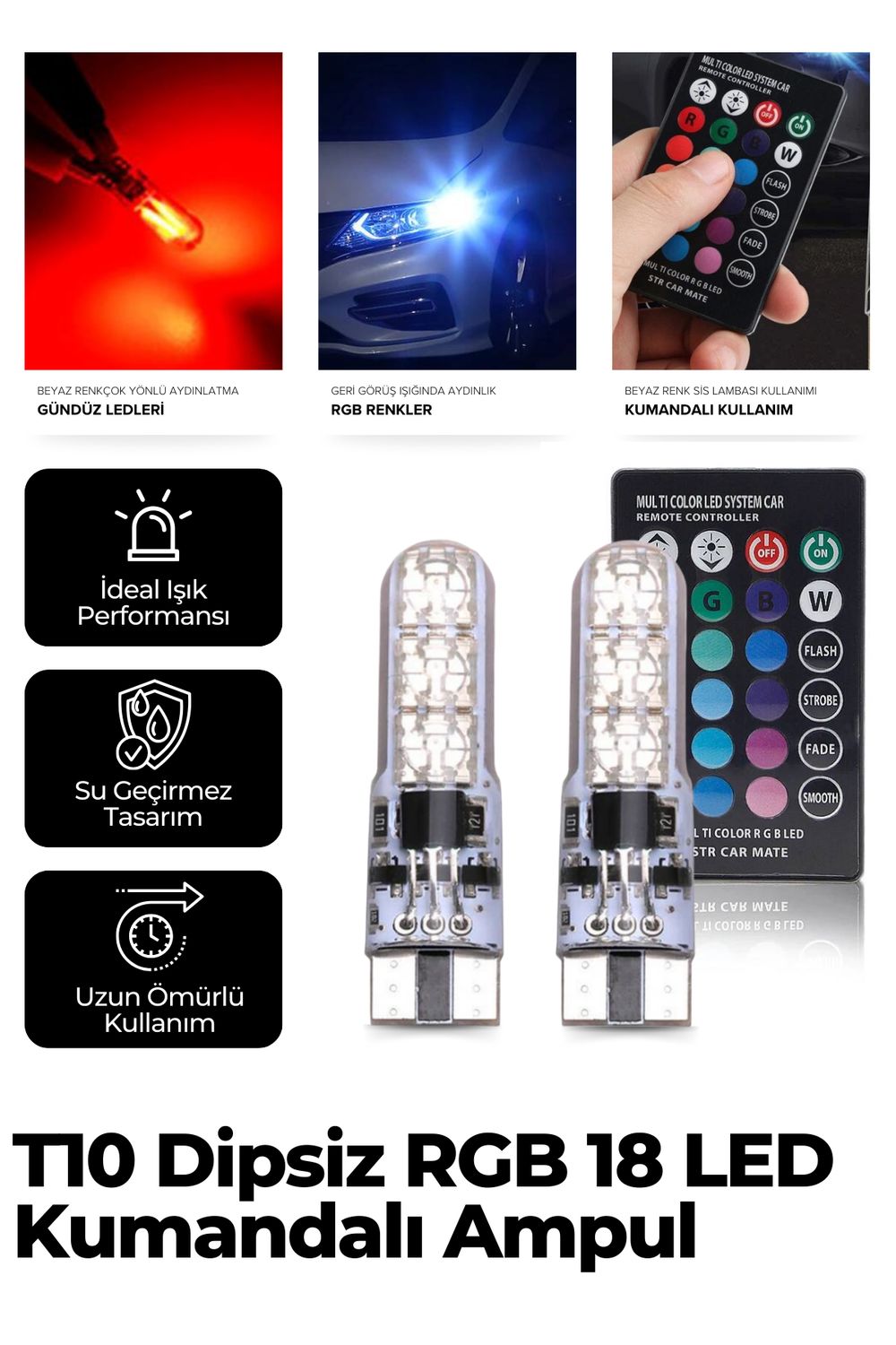 Uzaktan Kumandalı Lamba Dipsiz T10 18 Led Rgb Park Lambası 2 Adet