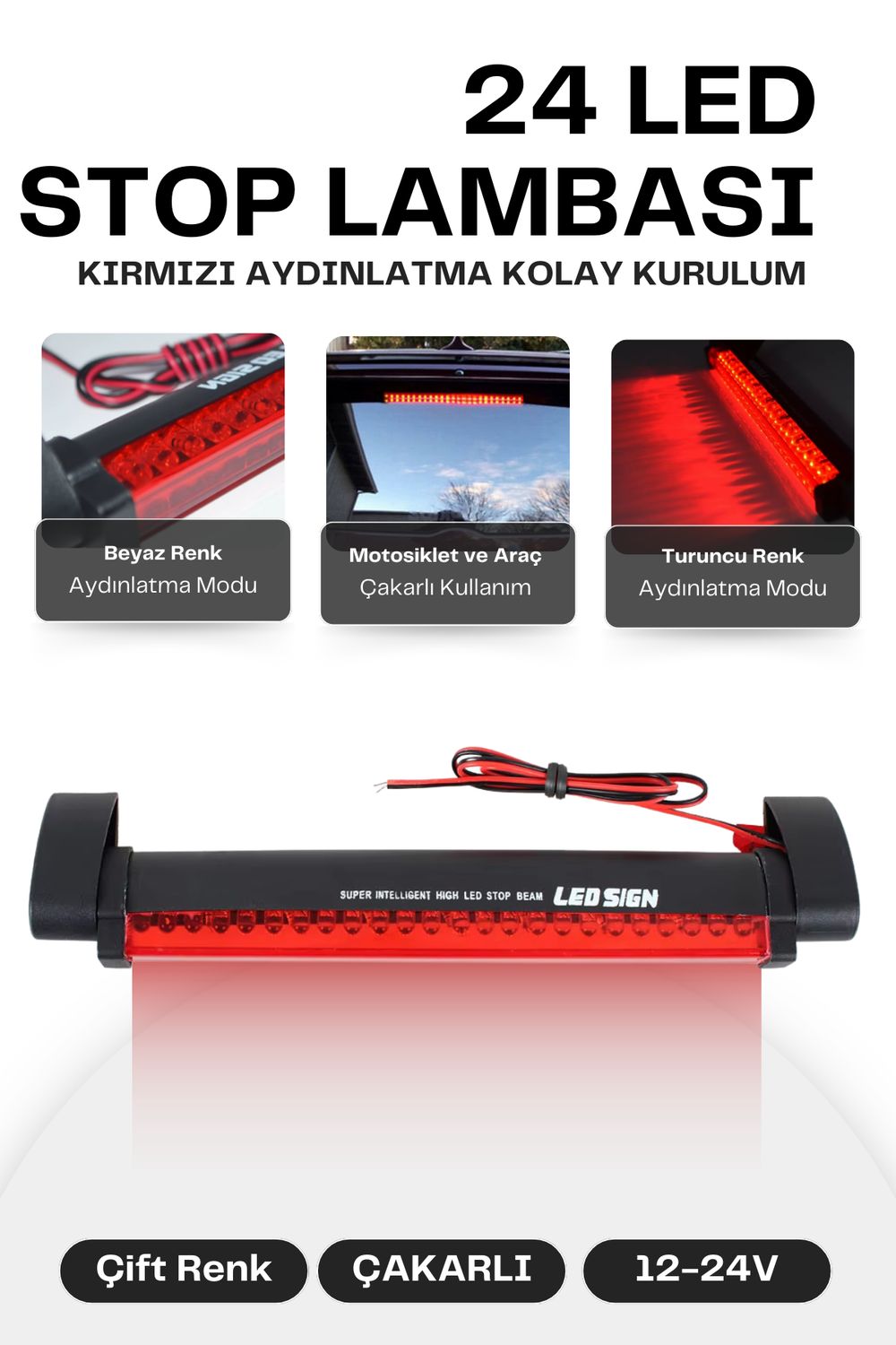Arka Fren Lambası 24 Ledli Pmx Araç Cam Içi 3.stop Lambası 12v Kırmızı