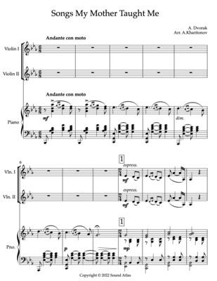 A. Dvorak "Songs My Mother Taught Me" arrangement for violin ensemble and piano