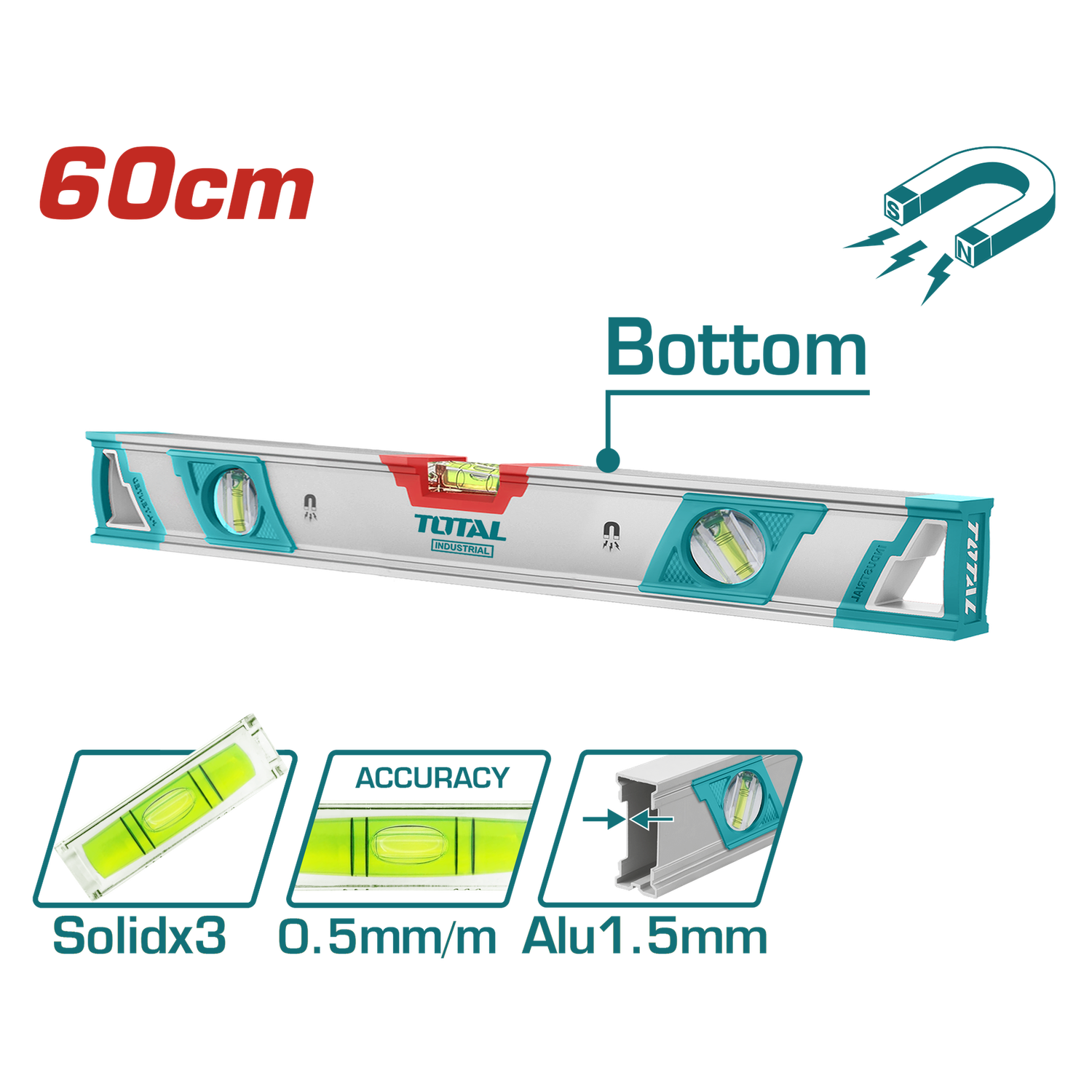 TOTAL - 24" Spirit Level With Powerful Magnets