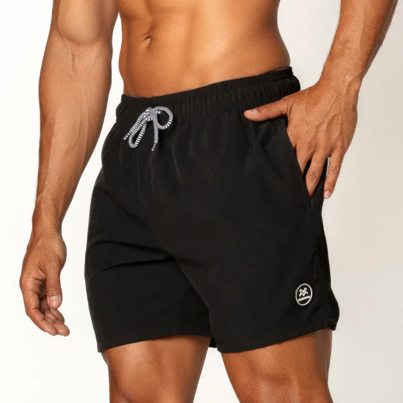 Men&#39;s Quick-Dry Solid Black Shorts with Adjustable Waist and Pockets
