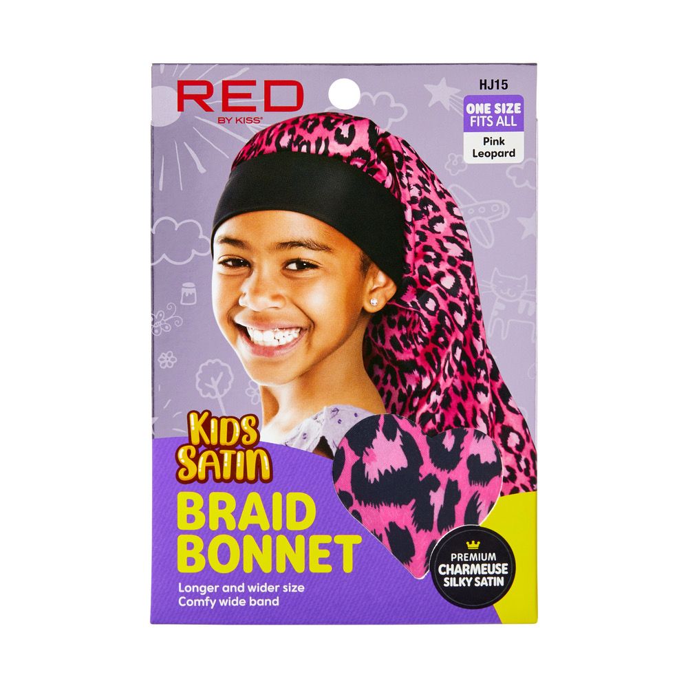 RED KIDS SATIN BRAID BONNET PINK LEOPARD