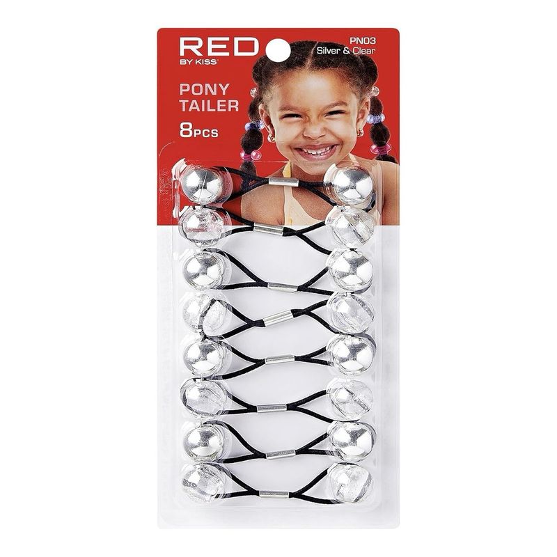RED KIDS PONYTAILER  8pcs SILVER &amp; CLEAR