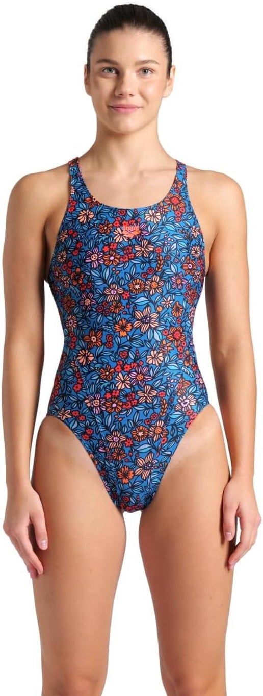 Women&#39;s Micro Floral Swimsuit Swim Tech Back, Colour: 803 Blue Cosmo Multi-Bright Coral, Size: 28