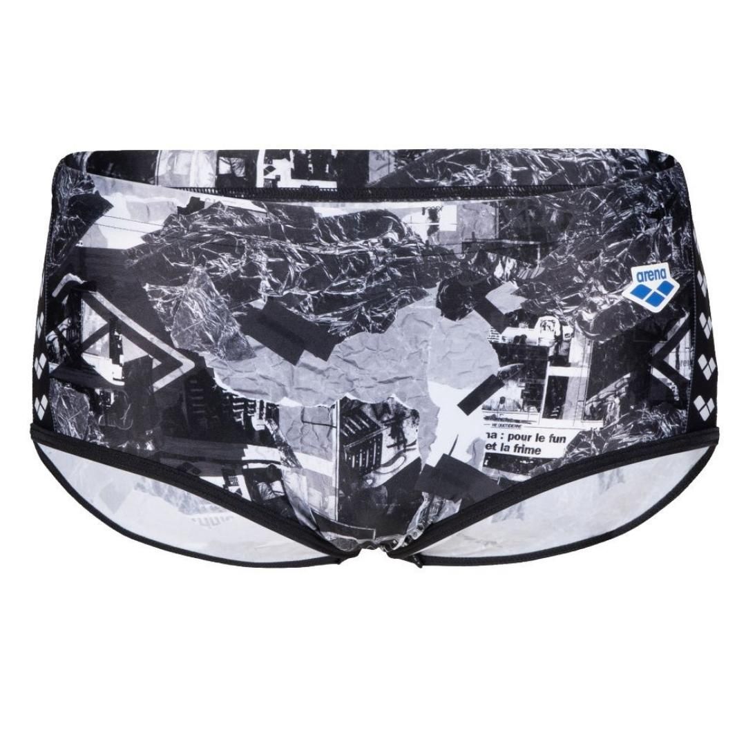 Mens Arena Icons Swim Low Waist Short Allover, Colour: 550 Multi-Asphalt- Black, Size: 36