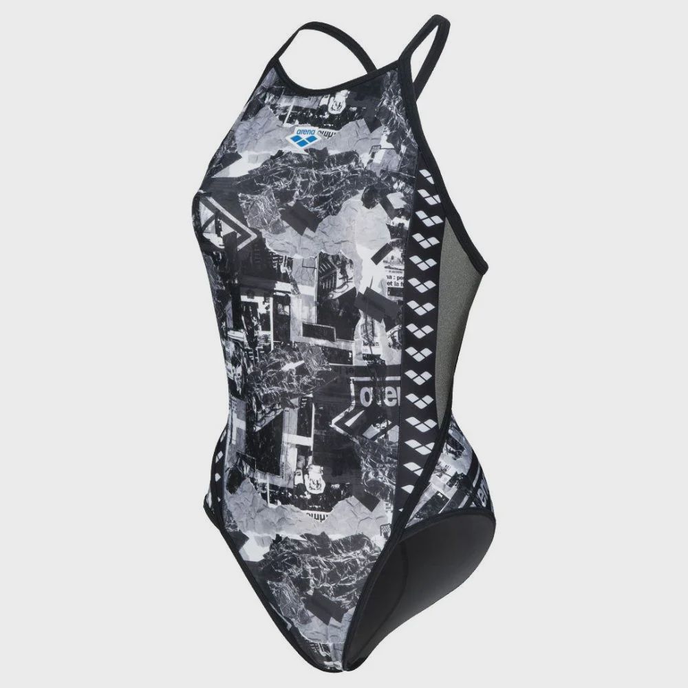 Women&#39;s Arena Icons swimsuit Fast Back Allover, Colour: 550 Multi-Asphalt- Black, Size: 32