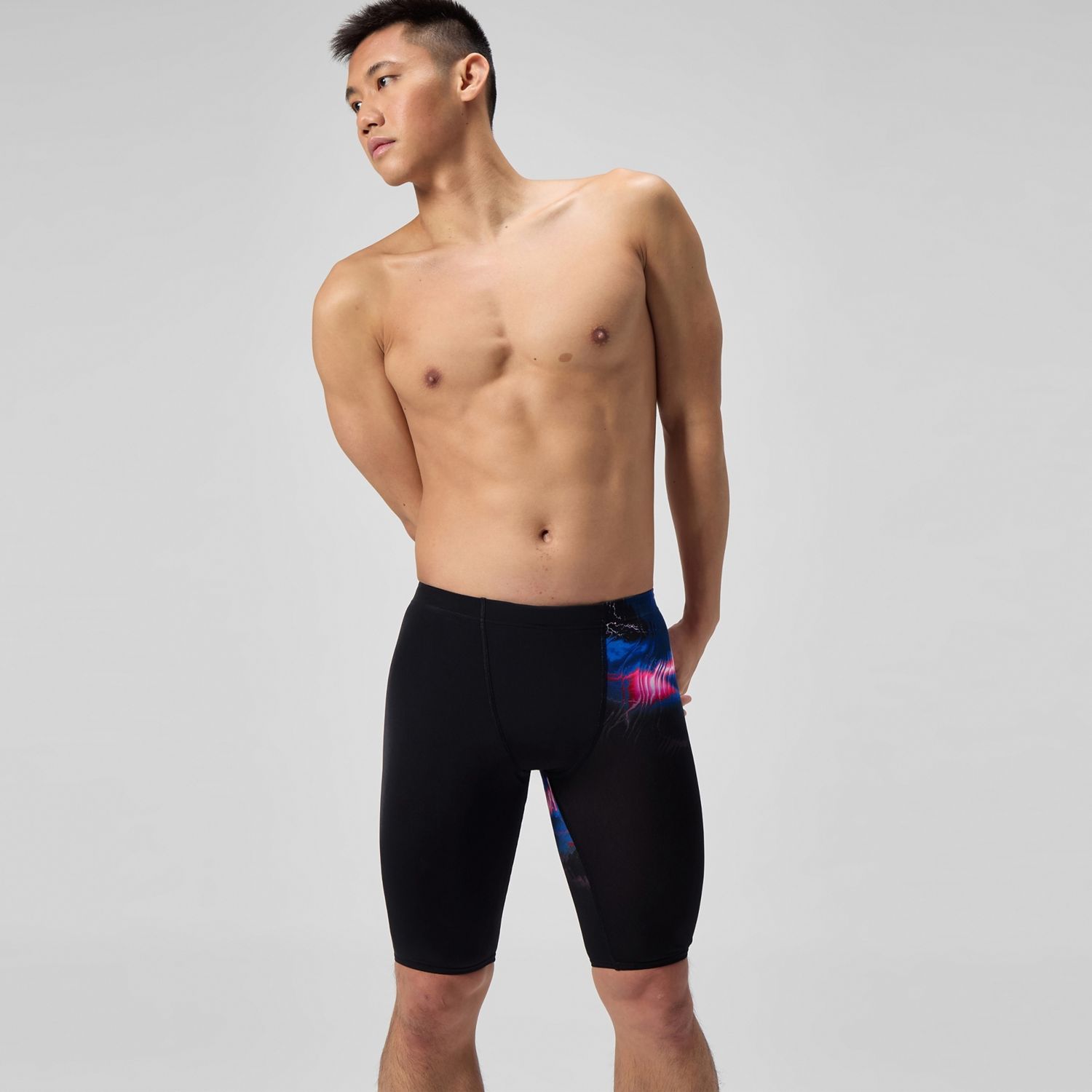 Speedo Male Placement Printed Jammer, Colour: Electro Static/Black, Size: 30