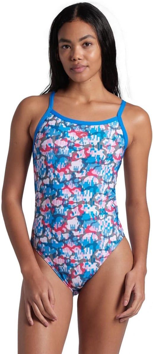 Arena Women's Multi Camo swimsuit challenge back, Colour: 810 Blue River-White Multi, Size: 34