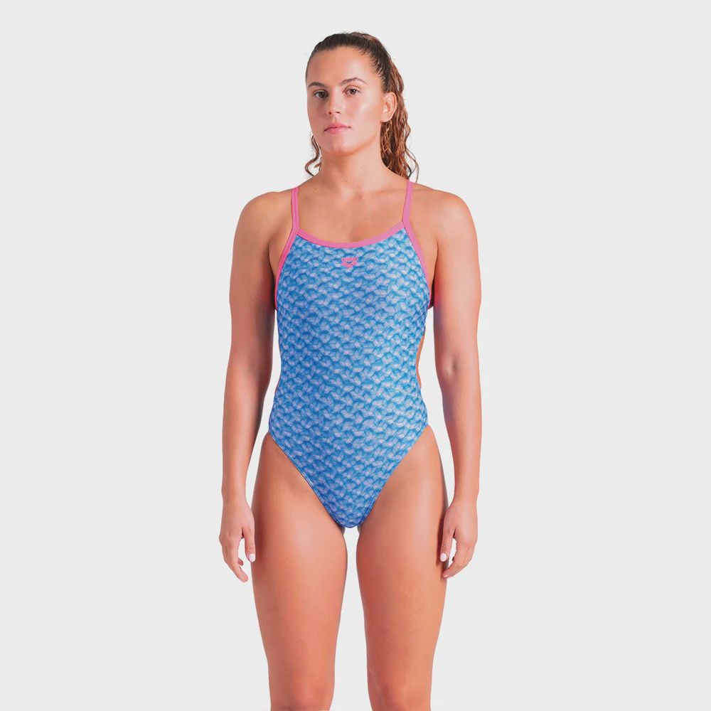 Arena W Monogram Swimsuit Challenge Back, Colour: 890 Blue River Multi-Shocking Pink, Size: 28
