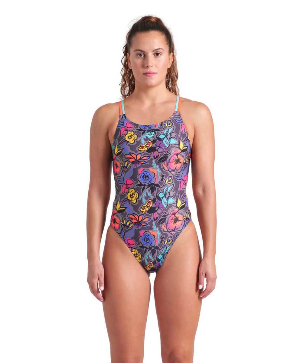 Arena Women's Vivid Repeat Swimsuit Lace Plus back, Colour: 584 Grey Multi-Water-Bright Coral, Size: 34