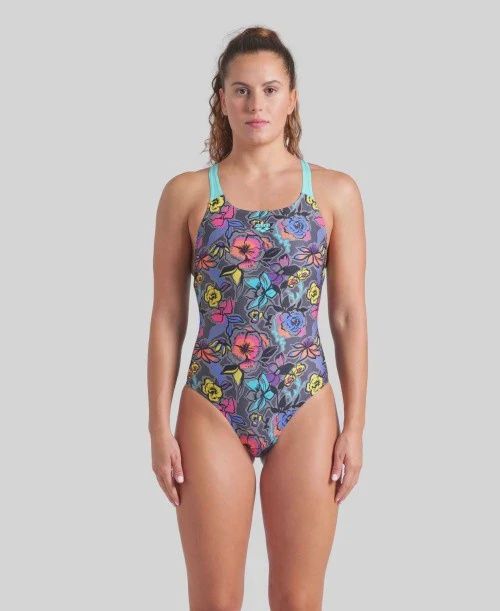 Arena Women's Vivid Repeat Swimsuit Pro back, Colour: 580 Grey Multi-Water-Bright Coral, Size: 36