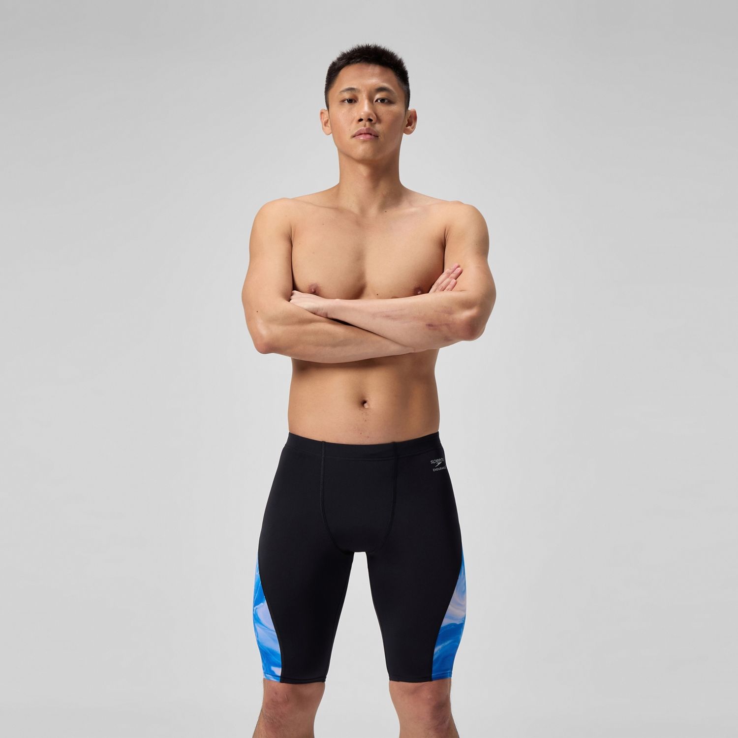 Speedo Male Printed Side Spliced Jammer, Colour: 400 Ocean Wash/Black, Size: 28