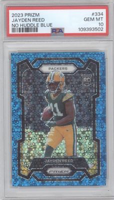 2023 Prizm #334 Jayden Reed No Huddle Blue /95 PSA 10