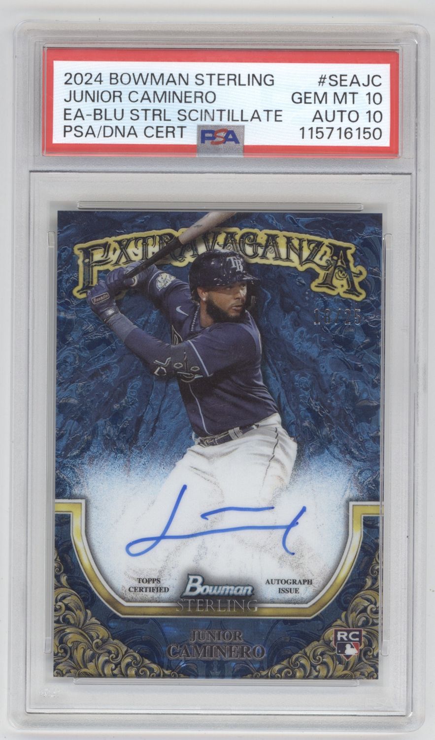 2024 Bowman Sterling #SEA-JC Junior Caminero Extravaganza Auto Blue Sterling Scintillate Refractor PSA 10 /25