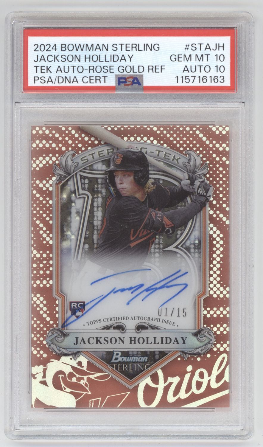 2023 Bowman Sterling #STA-JH Jackson Holliday Auto Rose Gold Refractor PSA 10 /15