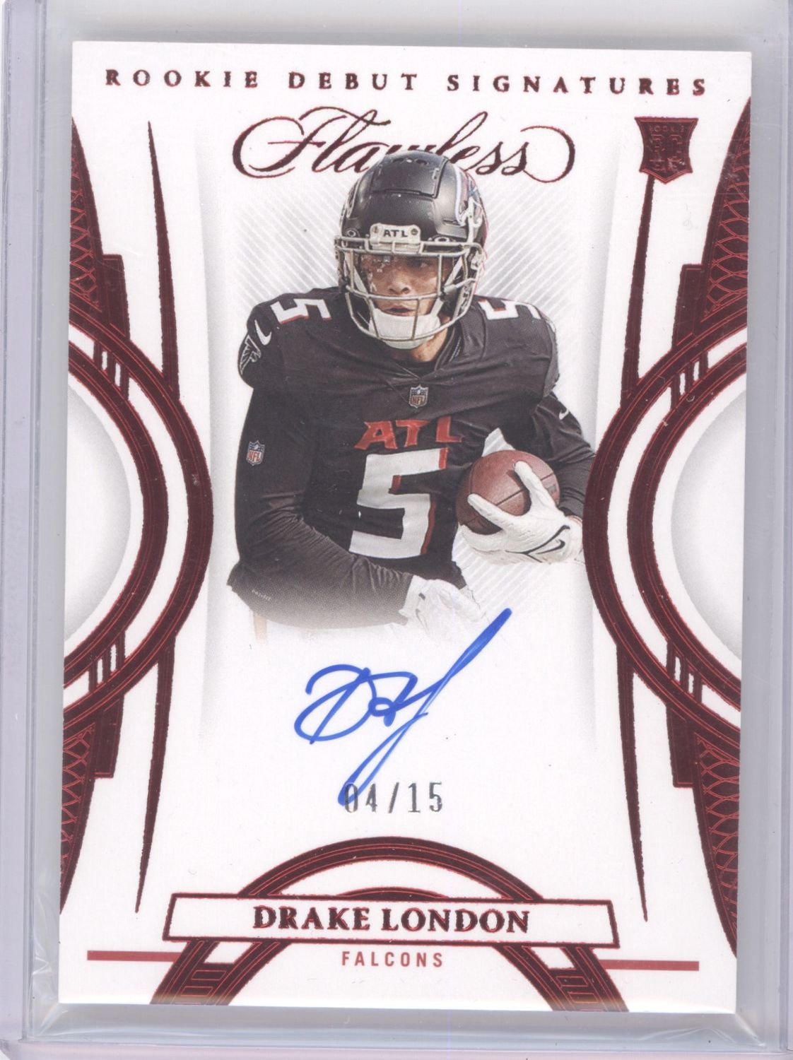 2022 Panini Flawless #RDS-DL Drake London Rookie Debut Signatures Ruby #/15