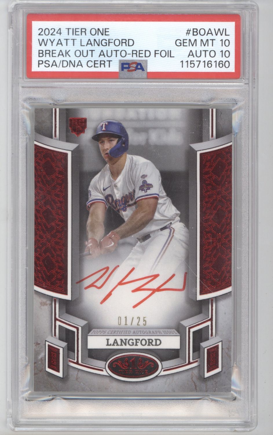 2024 Topps Tier One Wyatt Langford Autographs Red /25 PSA 10 AUTO 10
