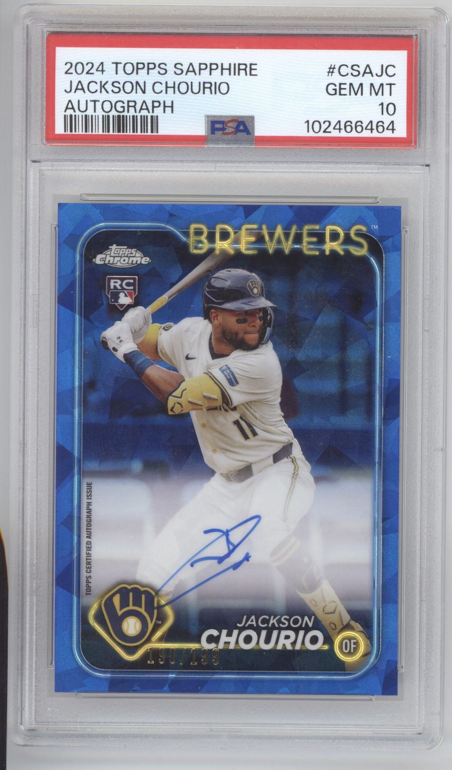 2024 Topps Sapphire Jackson Chourio Autographs Blue Crakced Ice /199 PSA 10