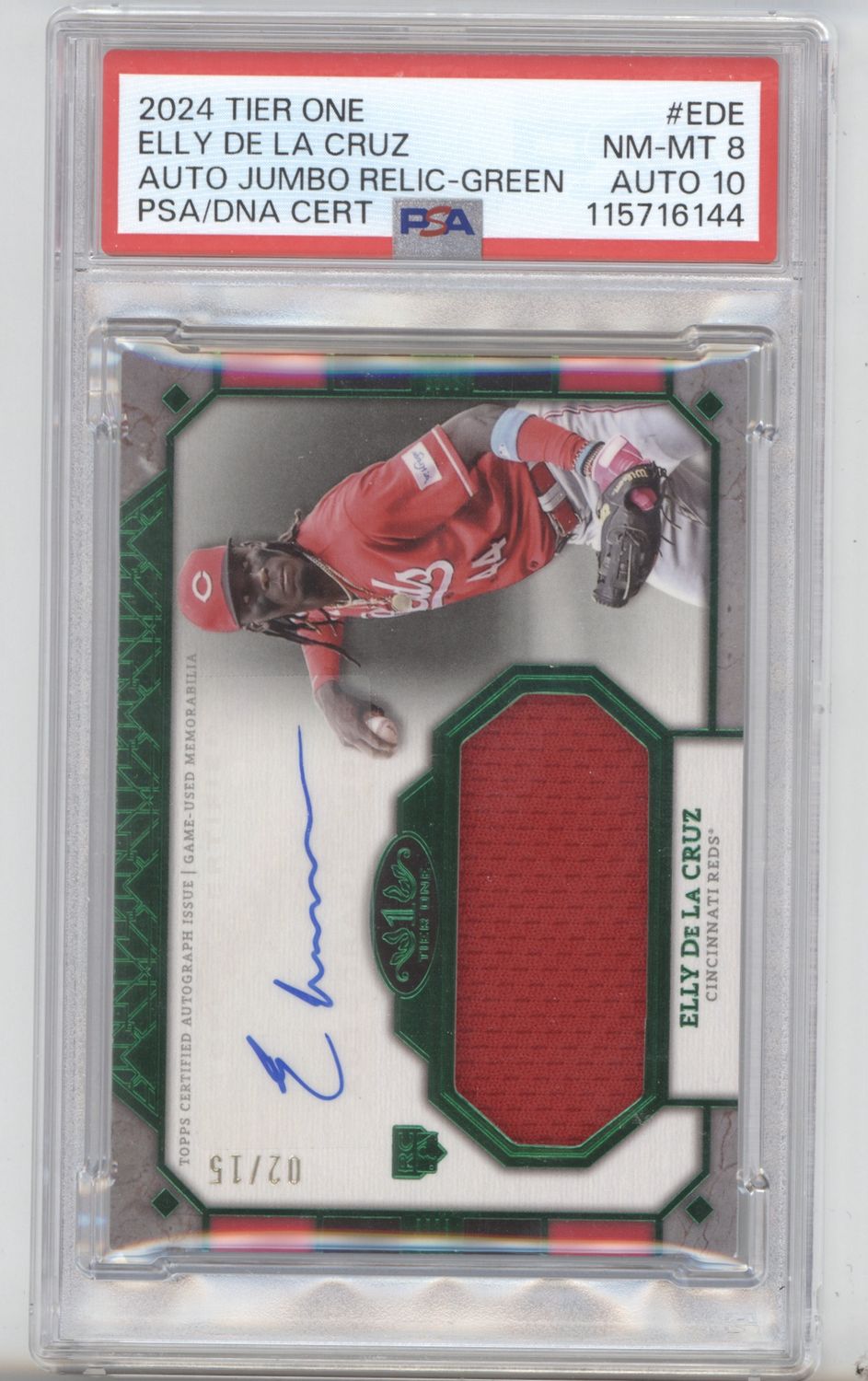 2024 Topps Tier One Elly De La Cruz Patch Auto Jumbo Green /15 PSA 8 AUTO 10