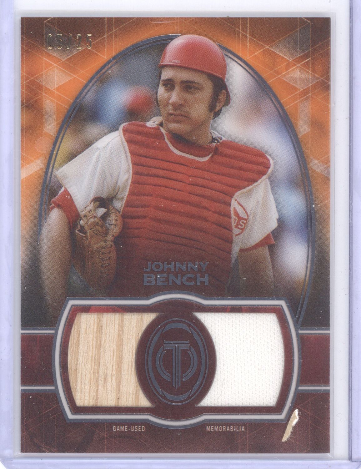 2019 Topps Tribute #DR-JB Johnny Bench Single-Player Dual Relics Orange #/25