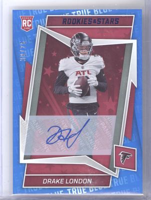 2022 Panini Rookies &amp; Stars #112 Drake London Rookies Signatures True Blue #/75