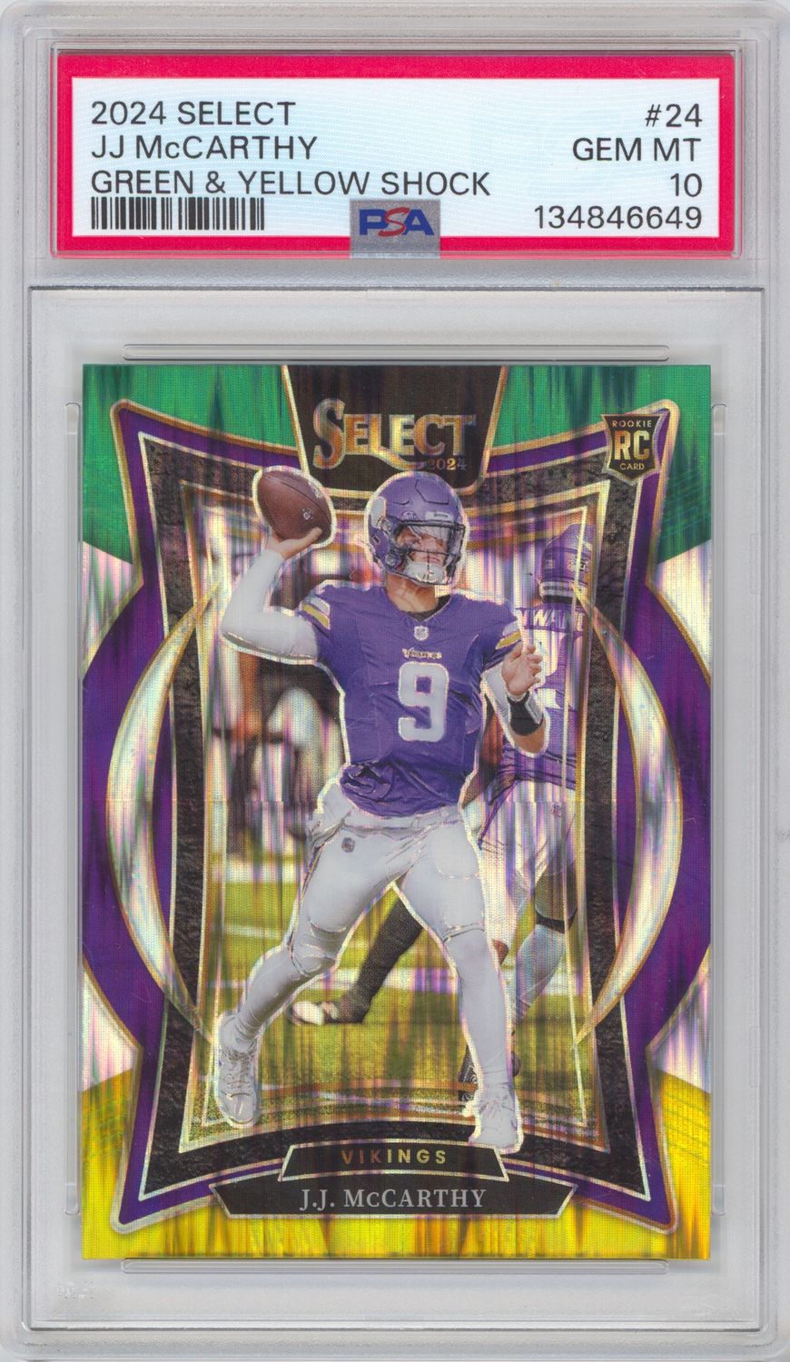 2024 Panini Select #24 JJ McCarthy Green and Yellow Shock Prizm PSA 10
