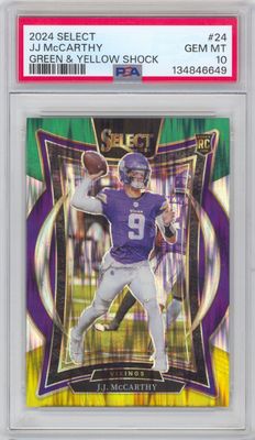 2024 Panini Select #24 JJ McCarthy Green and Yellow Shock Prizm PSA 10